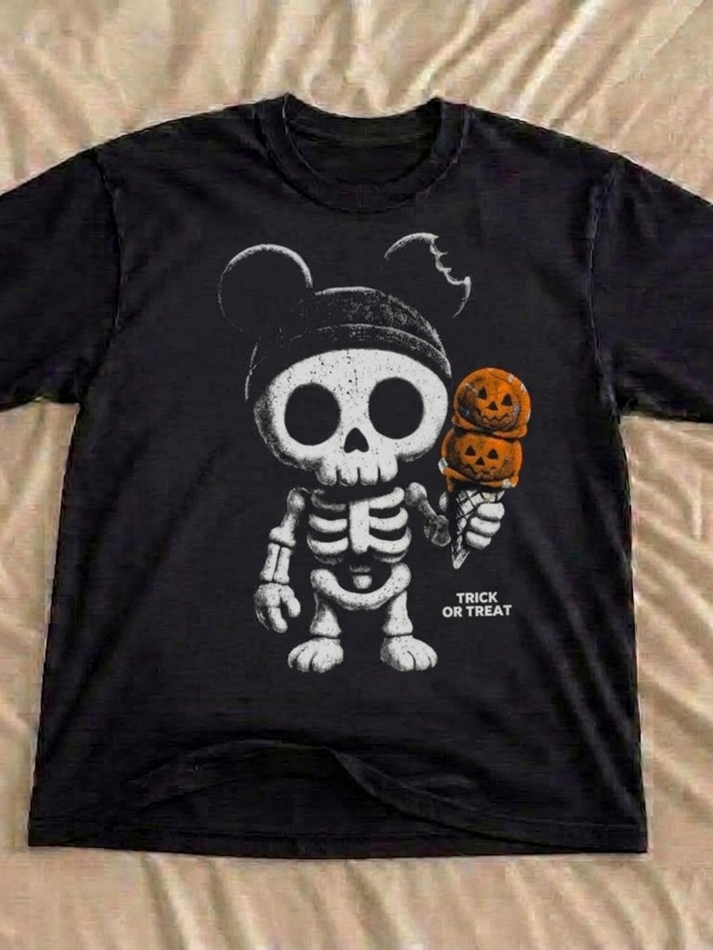 Skeleton Trick or Treat Halloween Pumpkin Ice Cream Graphic Tee - Unisex Black